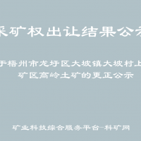 關于梧州市龍圩區(qū)大坡鎮(zhèn)大坡村上思礦區(qū)高嶺土礦的更正公示